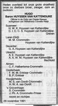 Overlijdensbericht H. (Hugo) baron Huyssen van Kattendijke (1991)